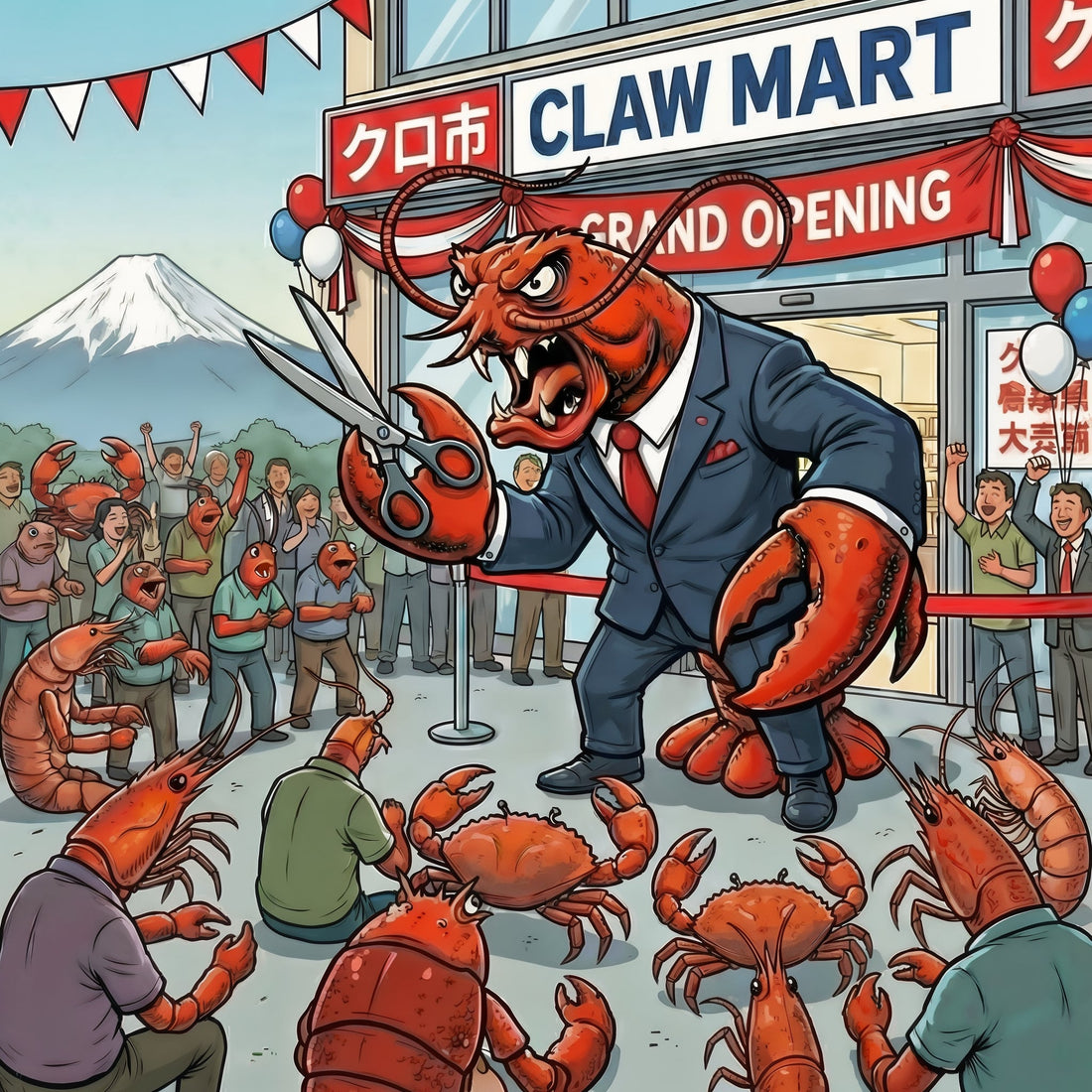 ClawMart store launch announcement outside clawmart convience store and giant lobster monster cutting ribbon