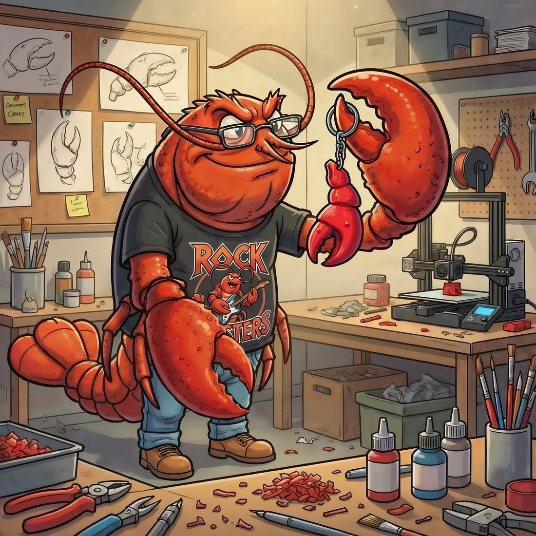 Red lobster monster in workshop holding up newly created clawmart claw keychain