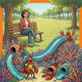 Cartoon scene with a woman sitting on a bench in a park, surrounded by anthropomorphic lobsters in an underwater setting.