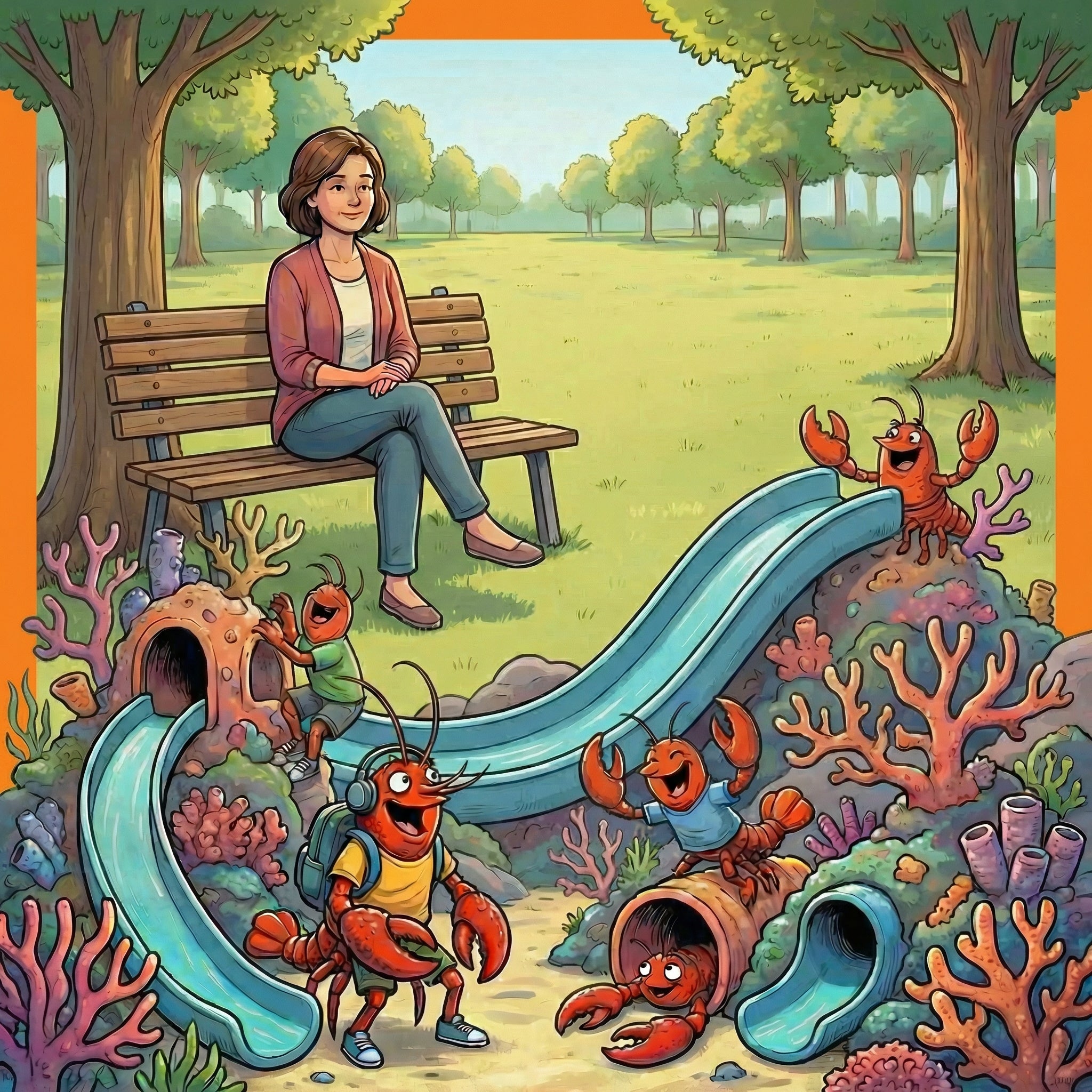 Cartoon scene with a woman sitting on a bench in a park, surrounded by anthropomorphic lobsters in an underwater setting.