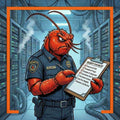 Cartoon lobster security officer holding a clipboard with a security checklist in a server room.