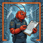 Cartoon lobster security officer holding a clipboard with a security checklist in a server room.