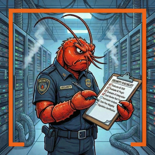 Cartoon lobster security officer holding a clipboard with a security checklist in a server room.