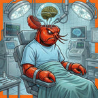 Cartoon lobster in a medical operating room with brain scans and monitors.