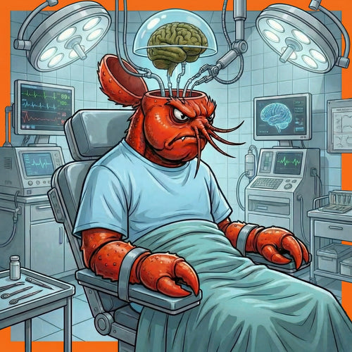 Cartoon lobster in a medical operating room with brain scans and monitors.