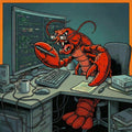 Cartoon lobster at a computer desk with a monitor, keyboard, and mug.