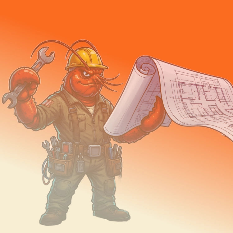 Illustration of a red ant in a construction worker outfit holding a wrench and blueprints on an orange background.