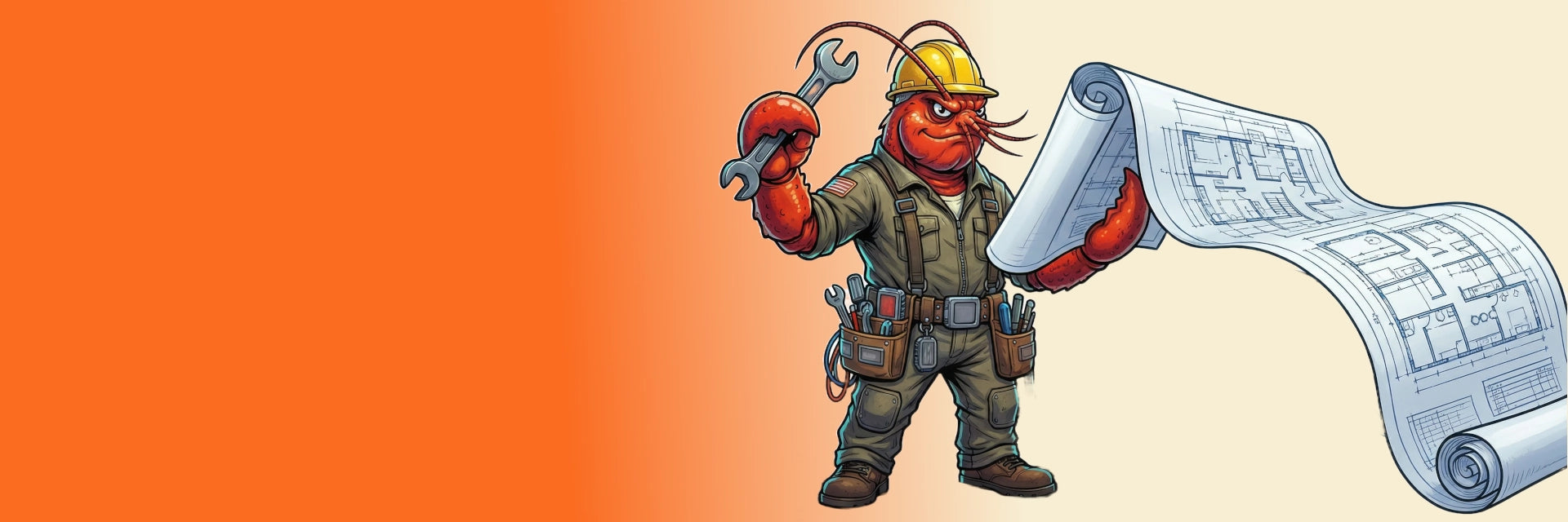 Cartoon character in construction worker attire holding a wrench on an orange and beige gradient background