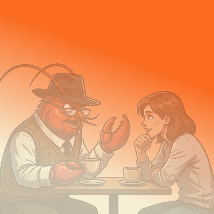 Illustration of a lobster wearing a hat and suit, holding a coffee cup, sitting across from a woman with an orange gradient background.