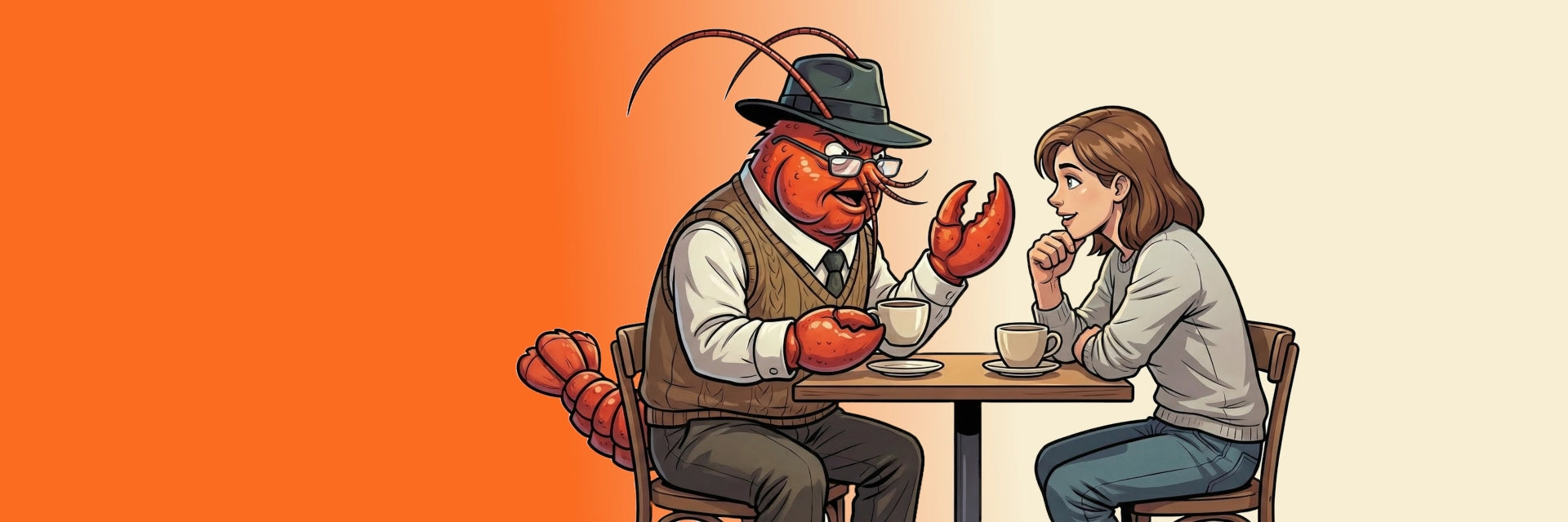 Cartoon lobster and woman sitting at a table with tea cups on an orange and beige background