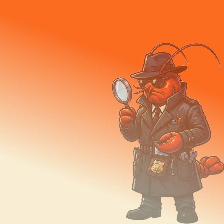 Cartoon lobster detective holding a magnifying glass on an orange background