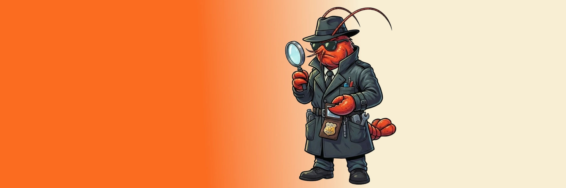 Cartoon detective character with a magnifying glass on an orange and beige gradient background