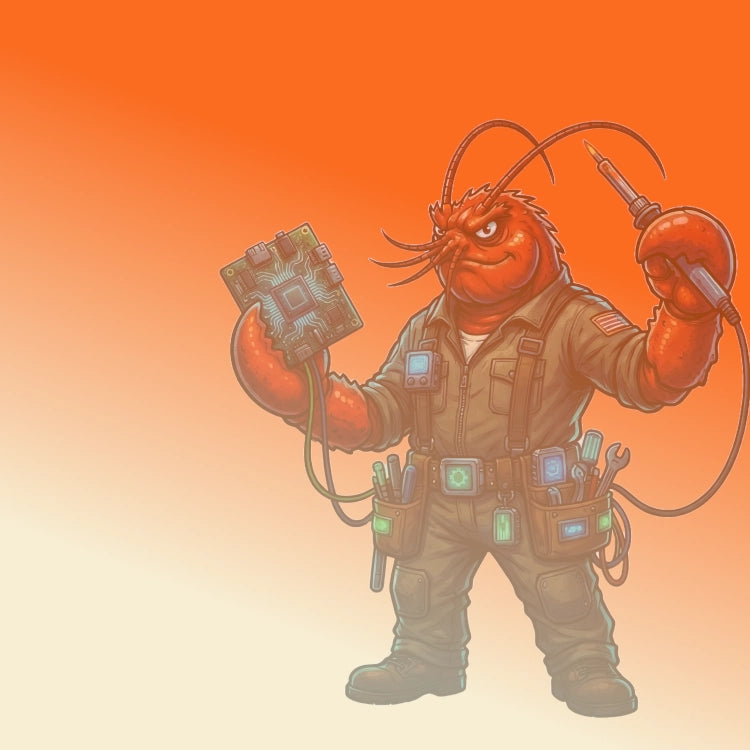 Illustration of a monster lobster in mechanical jumpsuit on an orange background