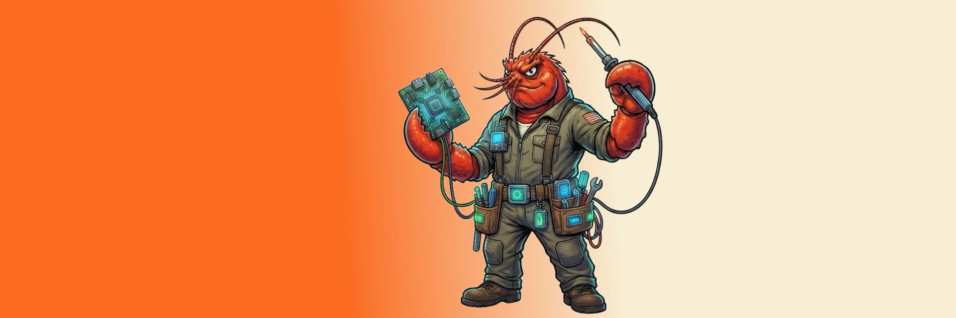 Cartoon character with mechanical arms on an orange gradient background