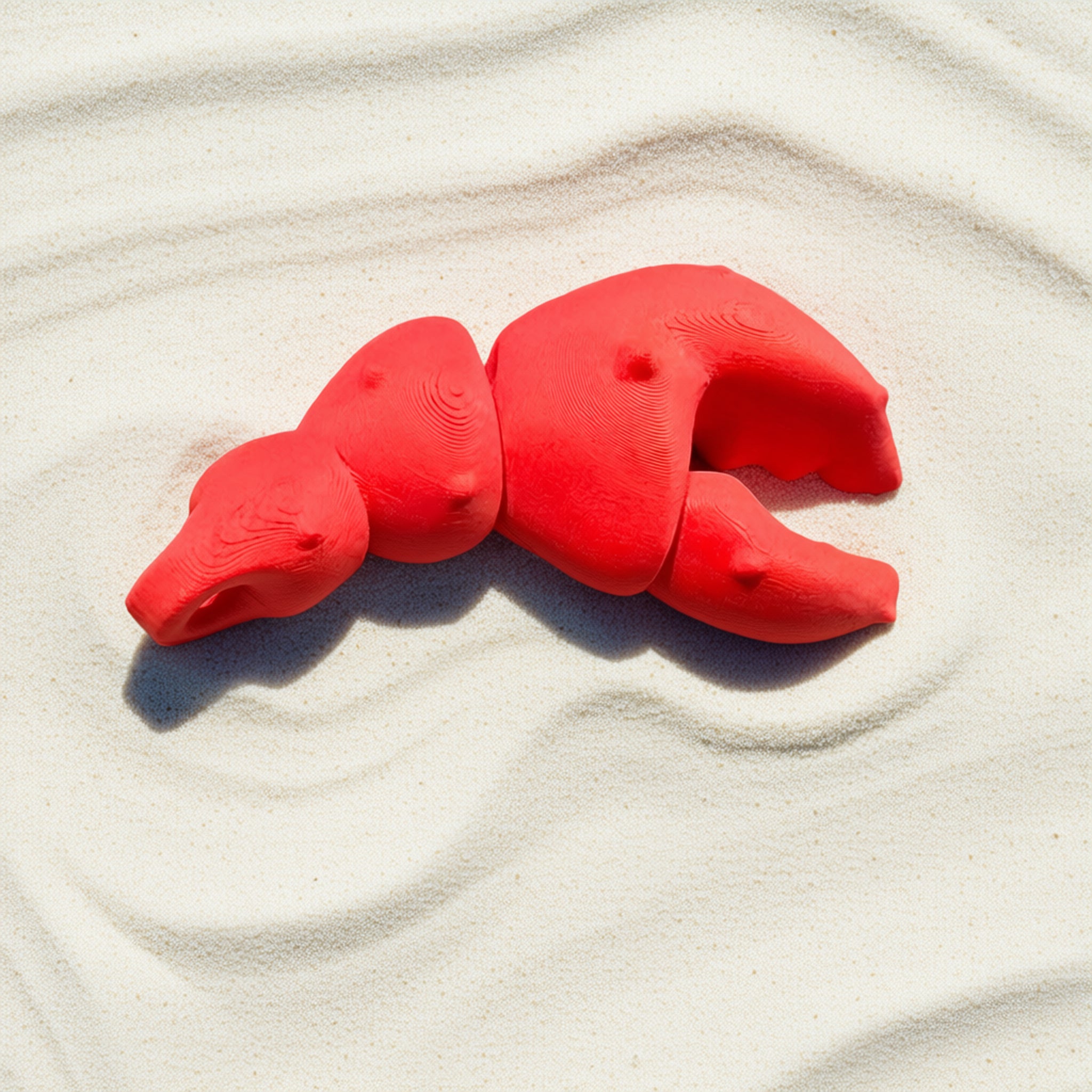 Red keychain shaped like a lobster claw on sandy beach