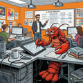 Cartoon illustration of a classroom with a lobster character using a computer, surrounded by students and educational posters.
