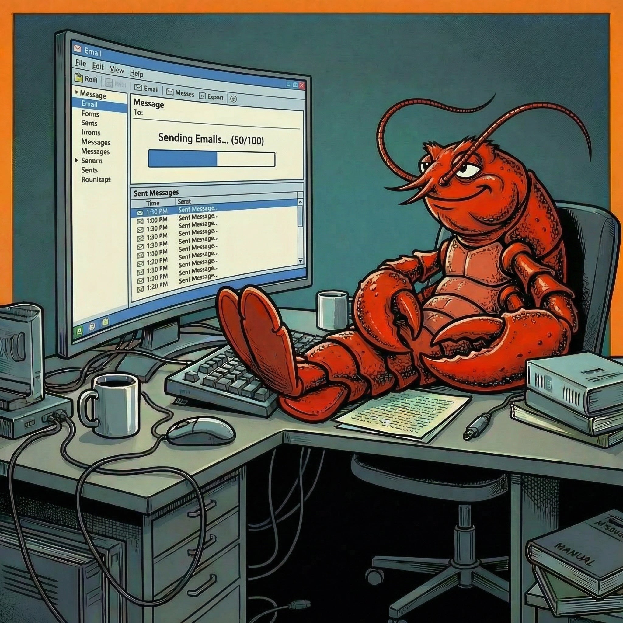 Cartoon lobster at a computer desk with a monitor displaying an email client.