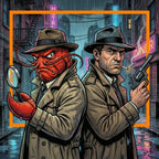 Two detectives: one human, one a lobster monster companion, both stand in an urban setting