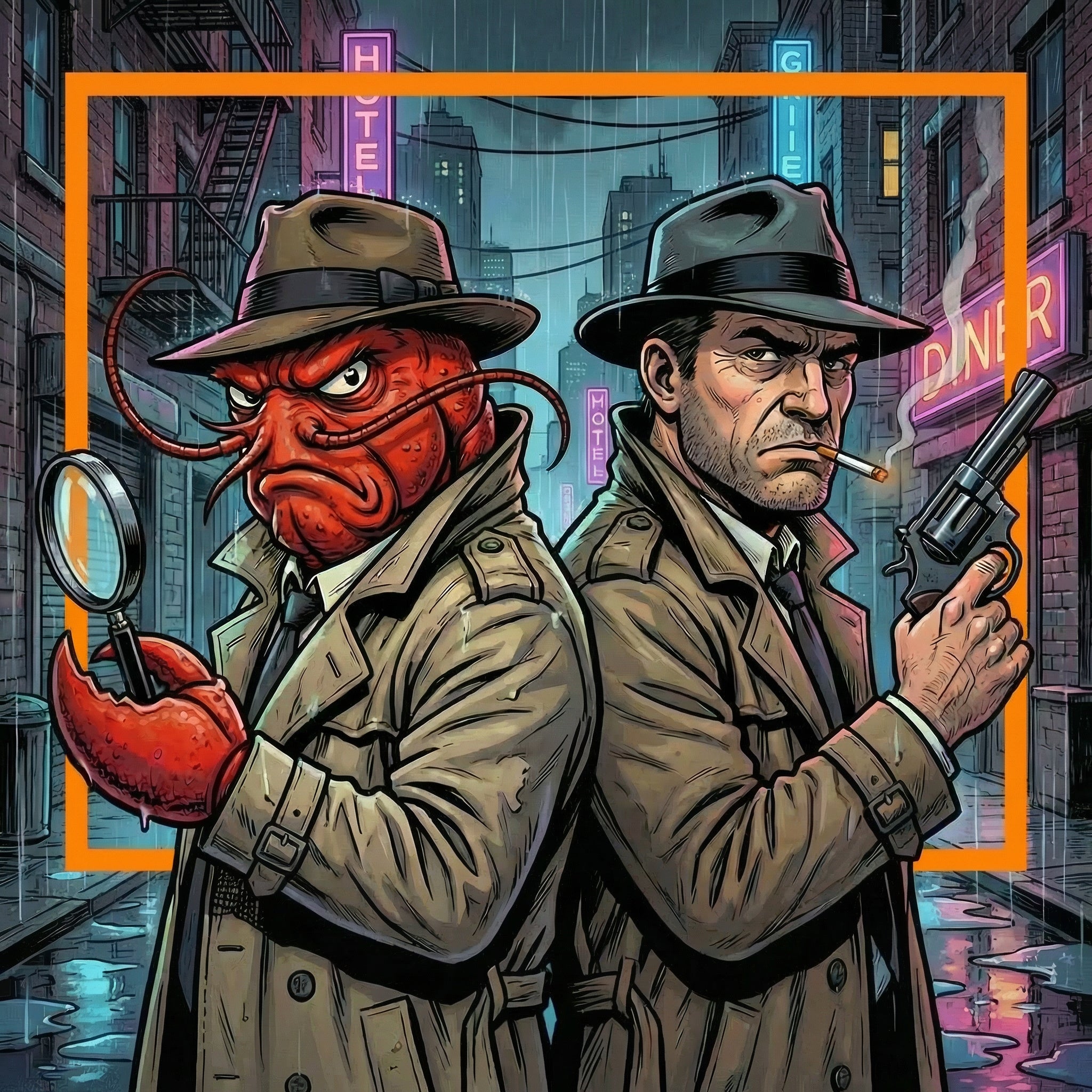 Two detectives: one human, one a lobster monster companion, both stand in an urban setting
