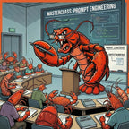 Cartoon of a lobster giving a lecture on 'Prompt Engineering' to students in a classroom.